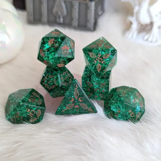 Acorn and Oak Green Lightning Glass Dice Set – Engraved DnD Dice | Fennek & Finch