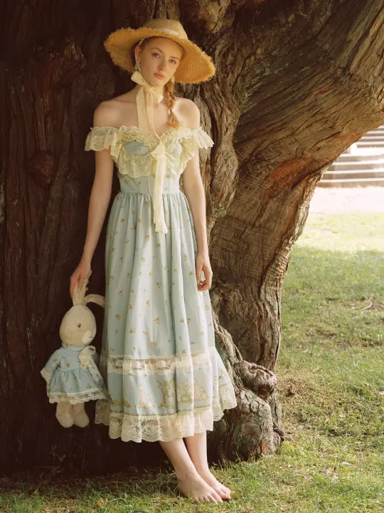 French pastoral style heavy embroidery lace splicing suspender long dress homecoming dress R5145