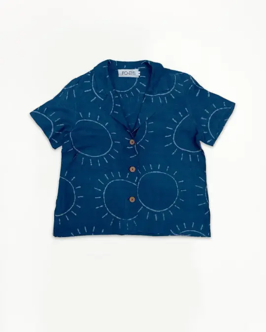 Silky Utile Button Top in Indigo Sol Block-print