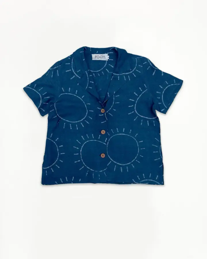 Silky Utile Button Top in Indigo Sol Block-print
