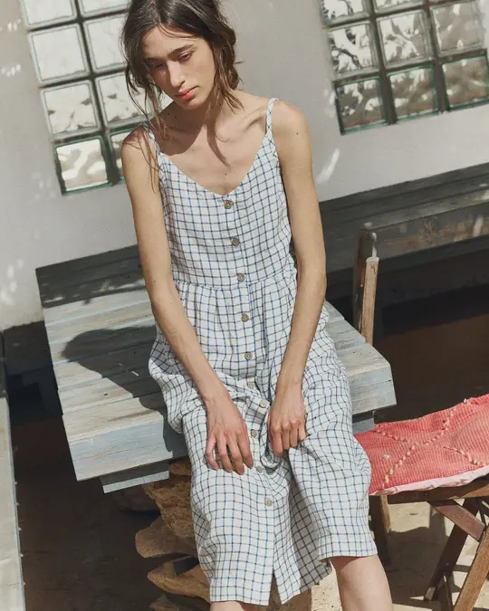 R: SARAH button down slip linen dress (Color: Admiral Blue; Size: M/L - MAXI length)