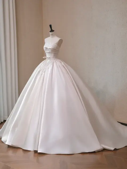 White satin tube top waist slim fit puffy skirt long dress bridal gown R5719