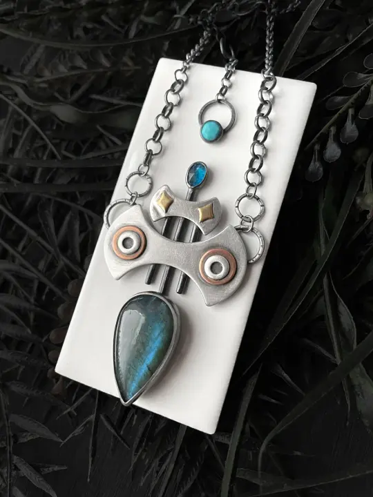 Labradorite and Apatite Battle Axe Necklace