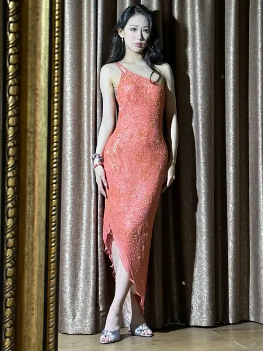Light pink one-shoulder sequined fitted waist bodycon sexy prom dress R8057