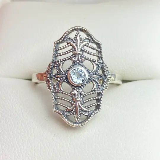 Natural Blue Topaz Ring, Size 7, Fleur de Lis Jewelry, Art Deco Vintage Jewelry #D216 - Ready to Ship