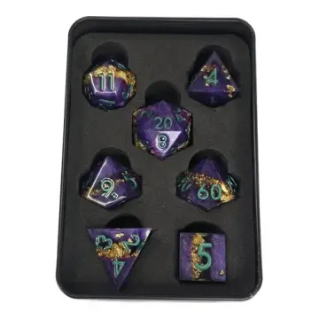 Sharp edge DnD dice set, pearly purple resin with a gold leaf streak and teal numbers, 7 dice in a Project Kirtrite tin