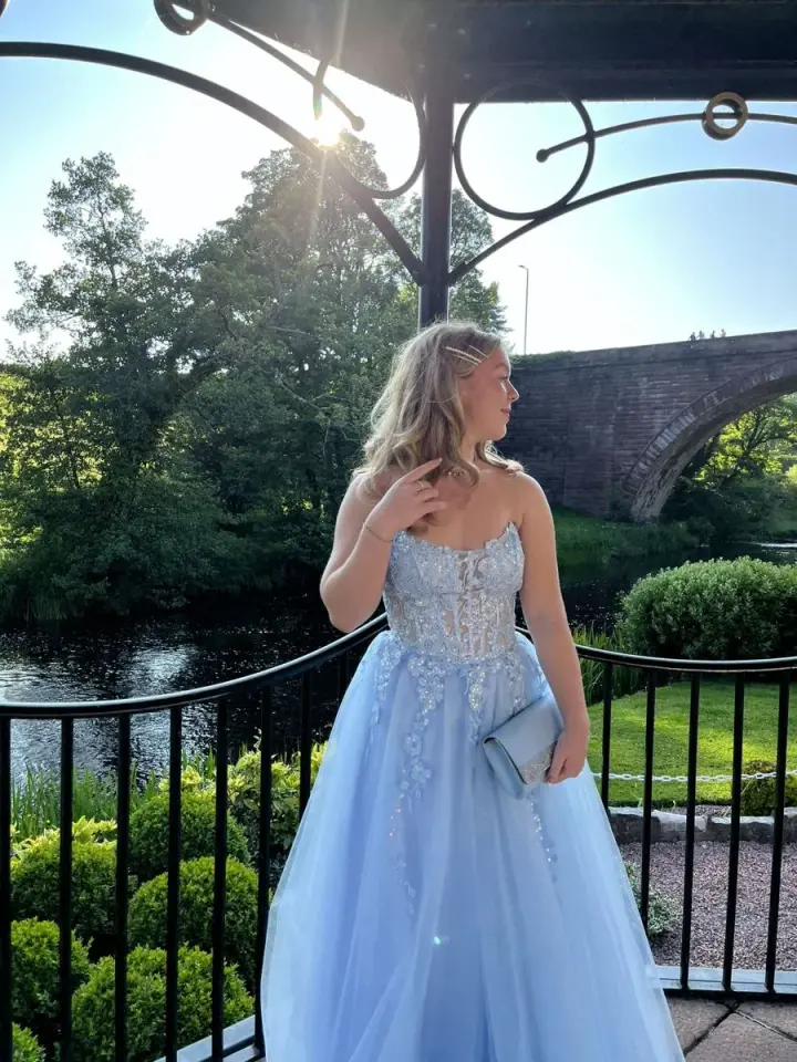 Sparkly Tulle Applique Women's Prom Gown Blue Waist Fitted Maxi Evening Dress Birthday Dress — Fall Outfit 2026 New  RS3273