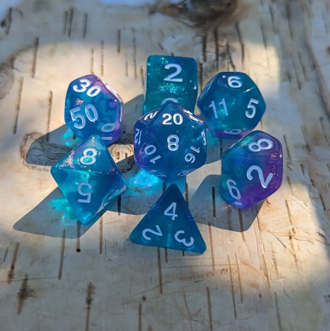 Purple Blue Will O Wisp Dice Set – 7-Piece Ghostly Light DnD Dice