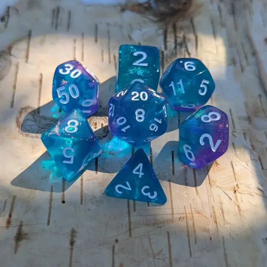 Purple Blue Will O Wisp Dice Set – 7-Piece Ghostly Light DnD Dice