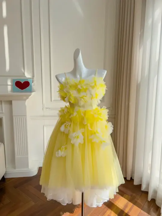 Yellow suspenders three-dimensional flowers fresh and cute puffy tulle skirt homecoming dress R5101