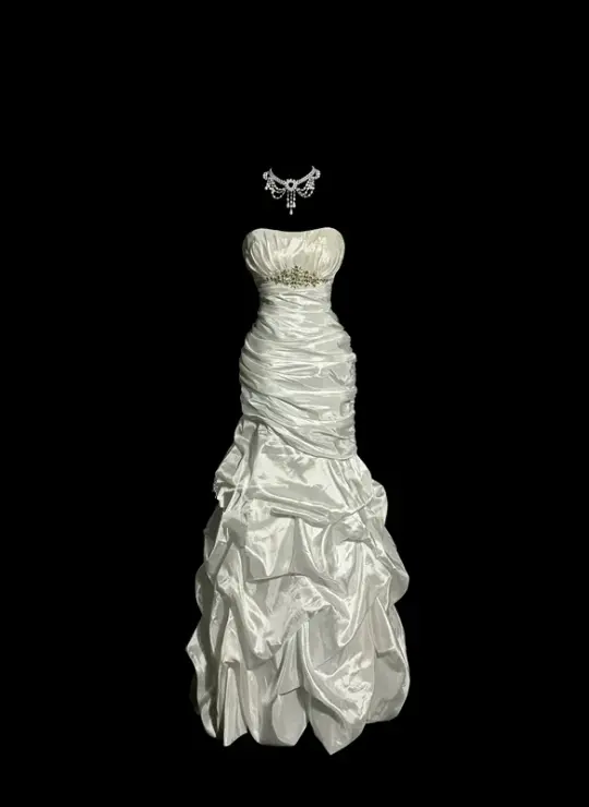 White strapless, fitted waist, pleated, full skirt, long ball gown R6660