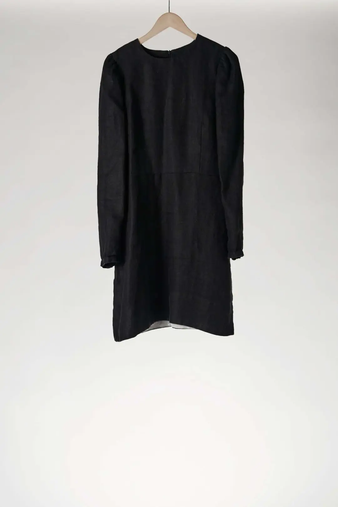 Kelly Dress, Long Sleeve, Twill Linen, Black Herringbone