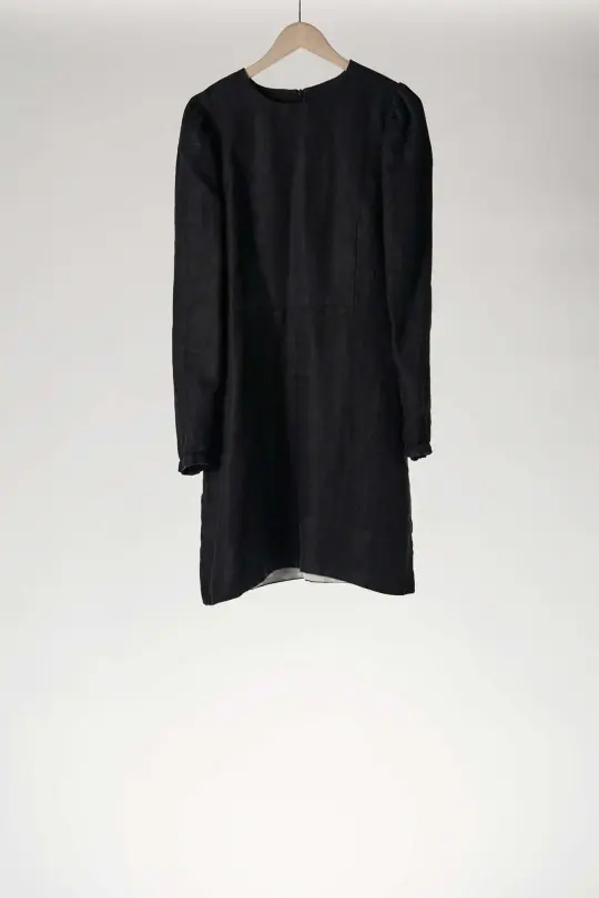 Kelly Dress, Long Sleeve, Twill Linen, Black Herringbone