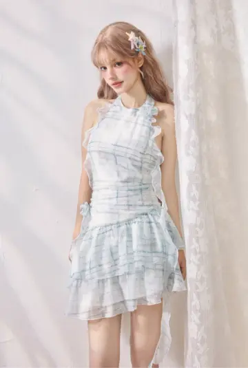 Mint Plaid Print Embroidered Ribbon Ruffle Halter Dress R5212