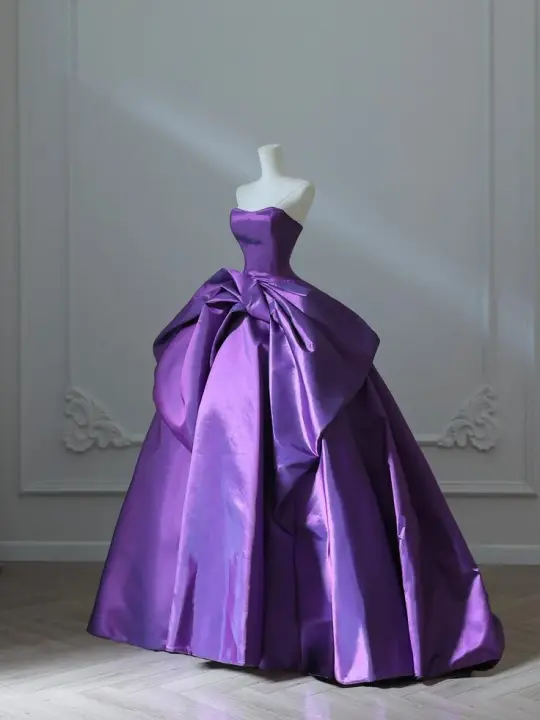 Dark purple tube-top dress with slim waist and puffy skirt, prom dress R5353