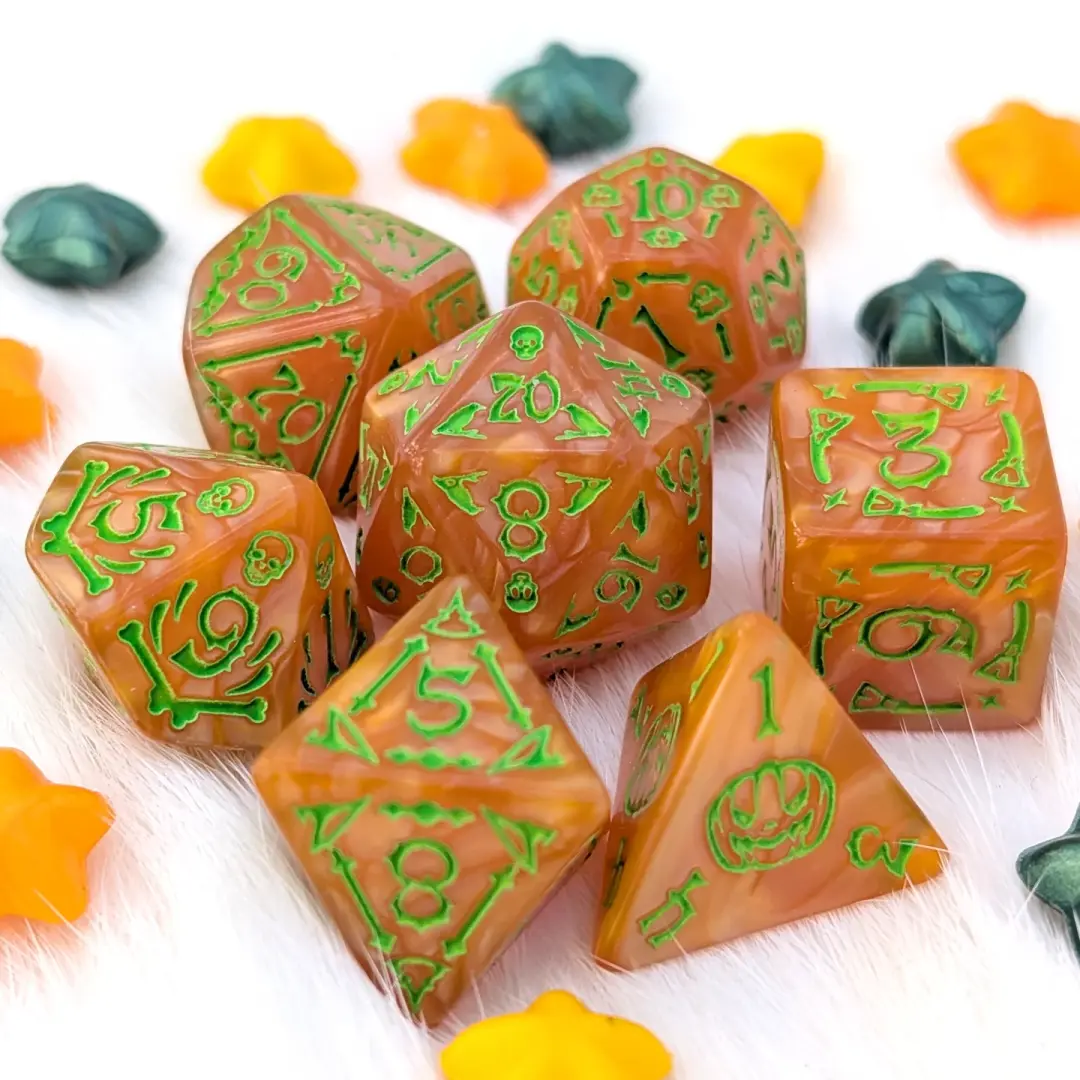 Halloween DnD Dice Set - Orange Acrylic with Spooky Icons - Pumpkin Parade