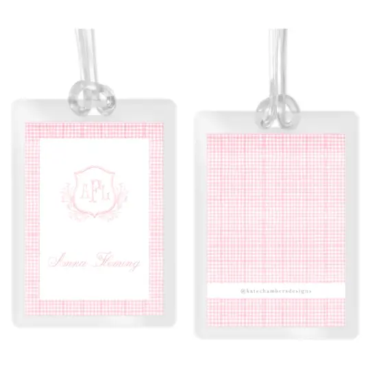 Girl's Pink Gingham Crest Laminated Bag Tag