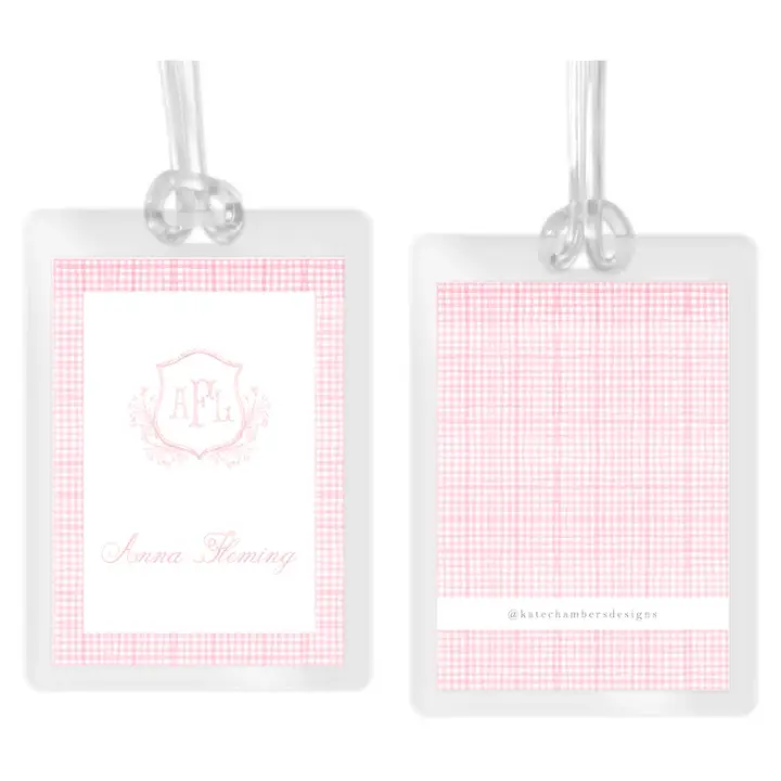 Girl's Pink Gingham Crest Laminated Bag Tag