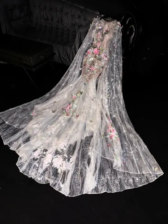 Pink floral sleeveless fitted bodice fishtail long ball gown/bridal dress R8715