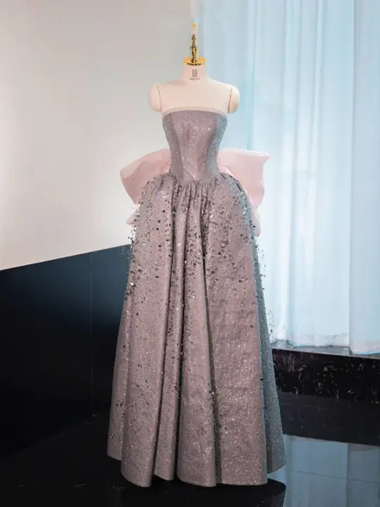 Gray strapless fitted long ball gown R8983