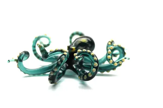 Handmade Green Glass Octopus Sculpture With Yellow Accents 8cm