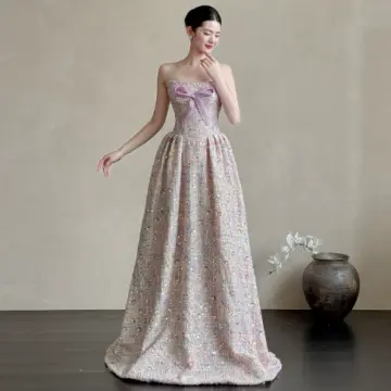 Chanel-inspired Lilac A-Line Strapless Long Women Dress with Sequin and Bow-knot Birthday Dress Evening Dress RS054