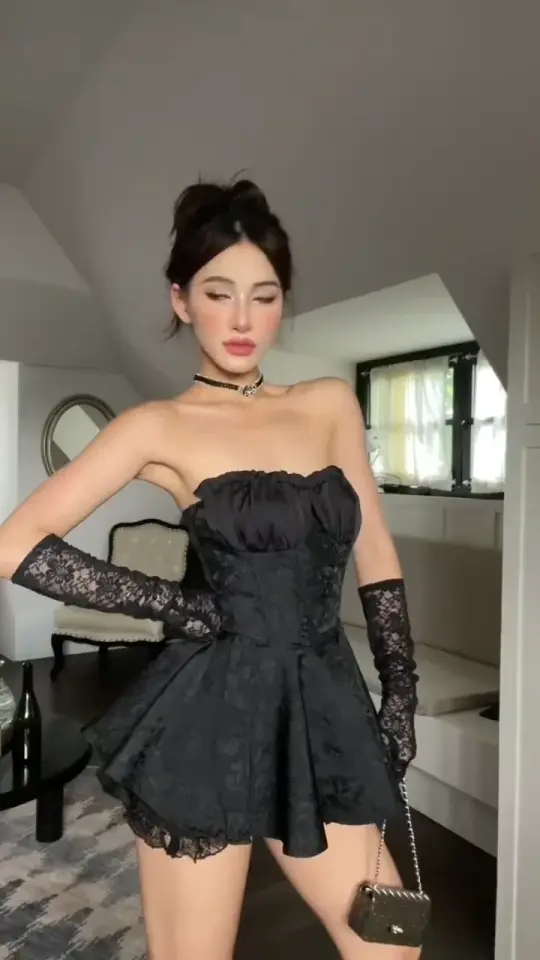 Black tube top slim waist A-line short skirt homecoming dress R5604