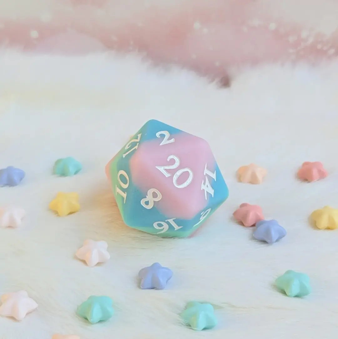 Dazed and Dreamy Oversized D20 – Pastel Rainbow Large Die for DnD | Fennek & Finch
