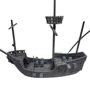 An unpainted 28mm scale Caravel ship model for TTRPGs, featuring a fully playable open deck layout, cannons, and masts, perfect for D&D naval combat.