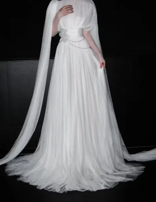 Stunnning White A-Line High Collar Tulle Hazy Corset Maxi Wedding Dress RS1896