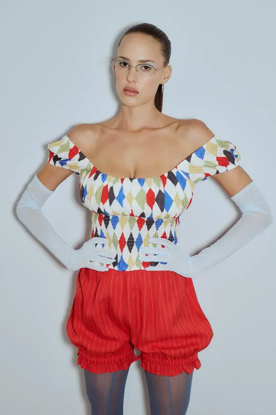 Soft Linen Smocked Waist Blouse Harlequin