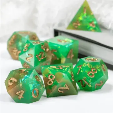 Green and Orange Sharp Edge Dice Set – 7-Piece Glitter Gold Foil DnD Dice