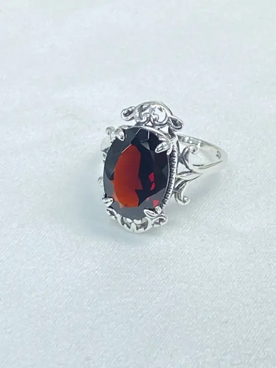 Natural Garnet Ring, Sterling Silver Filigree, Gothic Jewelry, #D84