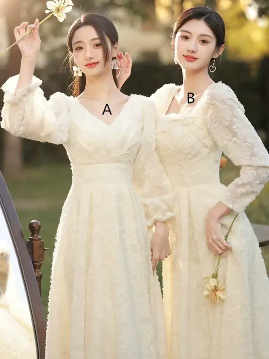 Apricot long-sleeved lace waist slim-fit sister ball gown, bridesmaid dress R5971