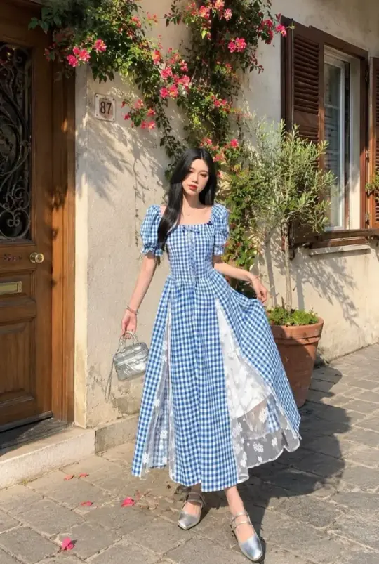 CottageCore Plaid Tiered Prom Gown Blue Women's Corset Maxi Birthday Dress Evening Dress RS2938