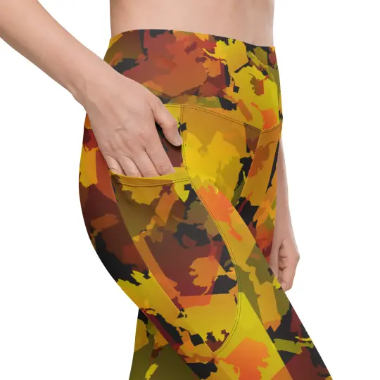 Pocketed, High Waist AK Pattern Leggings - Autumn Leaves