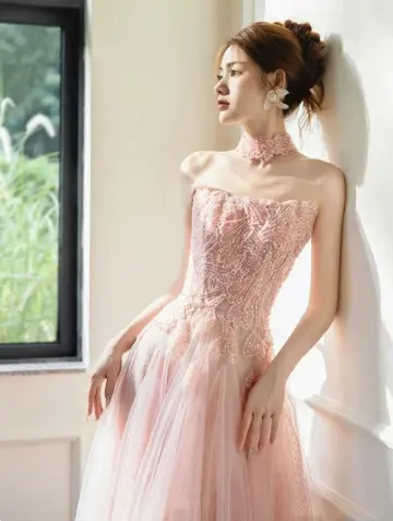 Tulle Hazy Embroidered Corset Prom Gown ,Sweet Pink Maxi Birthday Dress RS1944