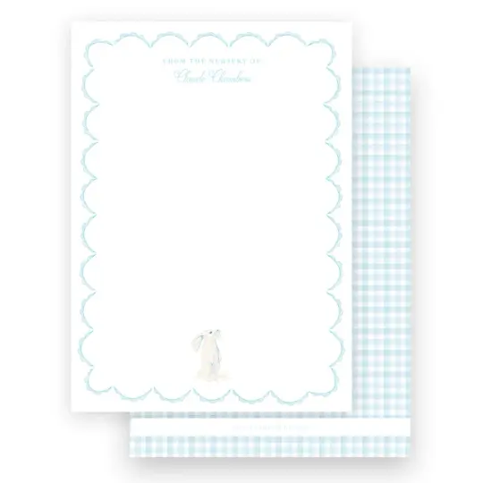 Blue Watercolor Bunny with Scallop Border Baby Stationery