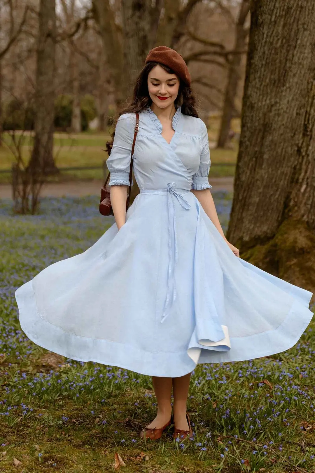 Darcy – Short Sleeve Ruffled V-Neckline Linen Wrap Dress