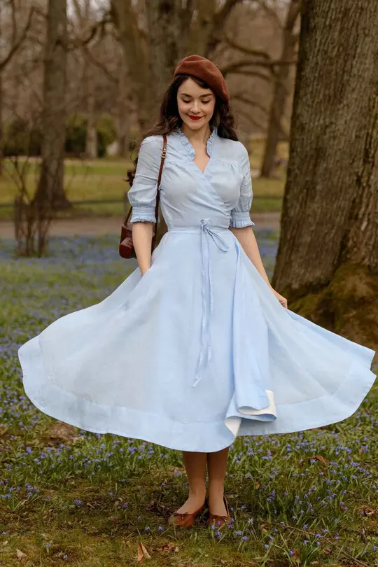 Darcy – Short Sleeve Ruffled V-Neckline Linen Wrap Dress