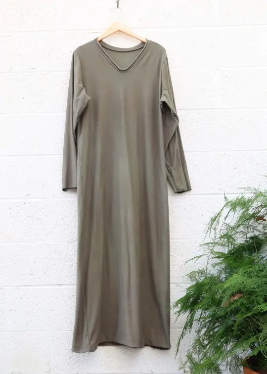 SALE - V-Neck Pencil Long Dress / 3XL / Olive / Stretch Organic Cotton (95)