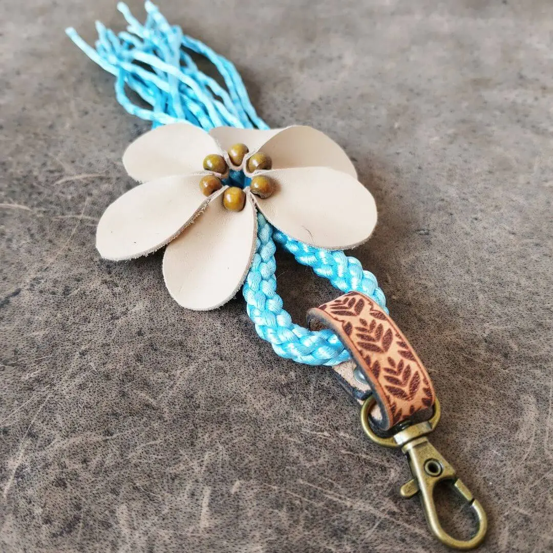 OOAK Blue Fringe Bag Charm with Leather Flower | Olive Green