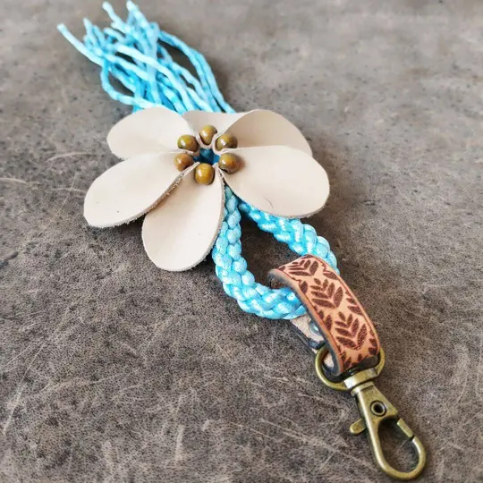 OOAK Blue Fringe Bag Charm with Leather Flower | Olive Green