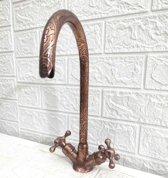 Copper Gooseneck Faucet with Engraved Design