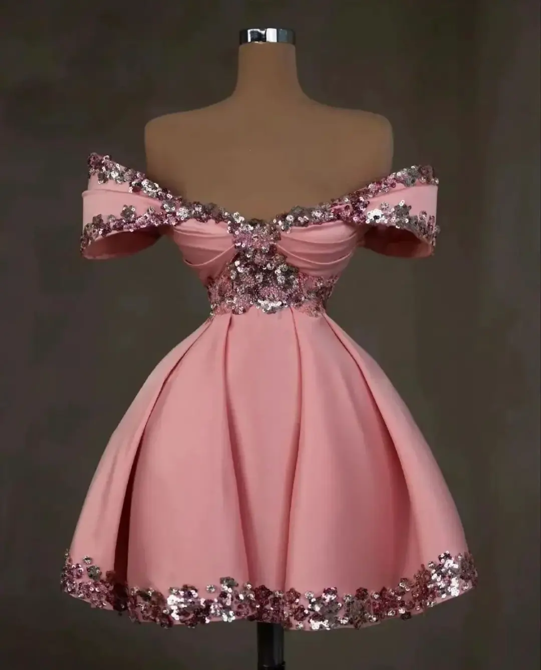 Pink one-shoulder elegant slim fit sequin design waist puffy skirt short skirt homecoming dress R4092