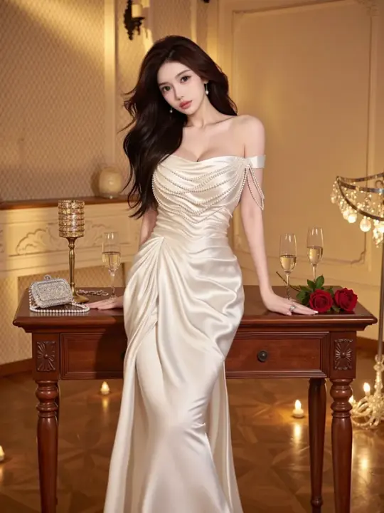 Champagne-colored halter-neck, fitted waist, bodycon long ball gown R7532