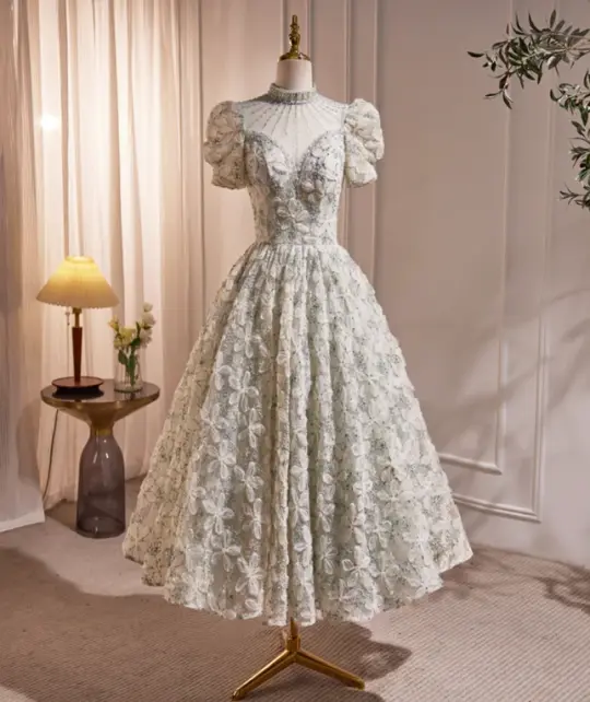 Elegant Floral Prom Gown , Puff Sleeves CottageCore Corset Maxi Summer Dress RS1458