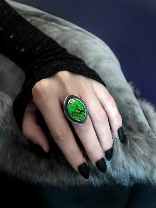 Rutilated Quartz Orbit Ring with Atomic Green Glow, Size 7.75