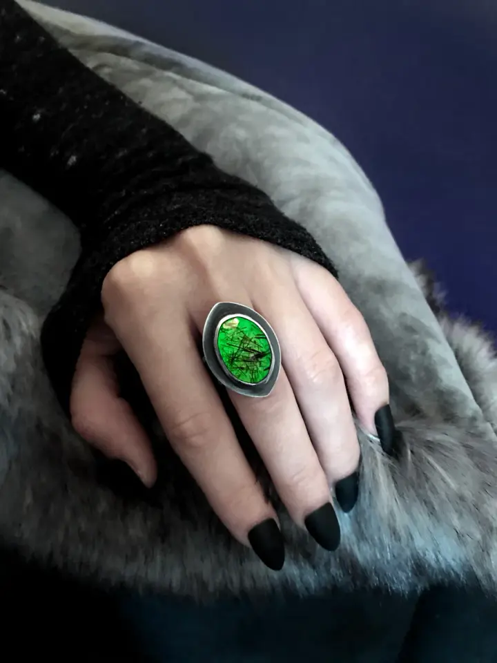 Rutilated Quartz Orbit Ring with Atomic Green Glow, Size 7.75