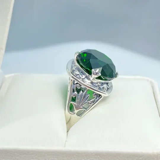 Emerald Ring, Size 6, Round Cut, Lotus Art Deco Filigree, D130 - Ready to Ship